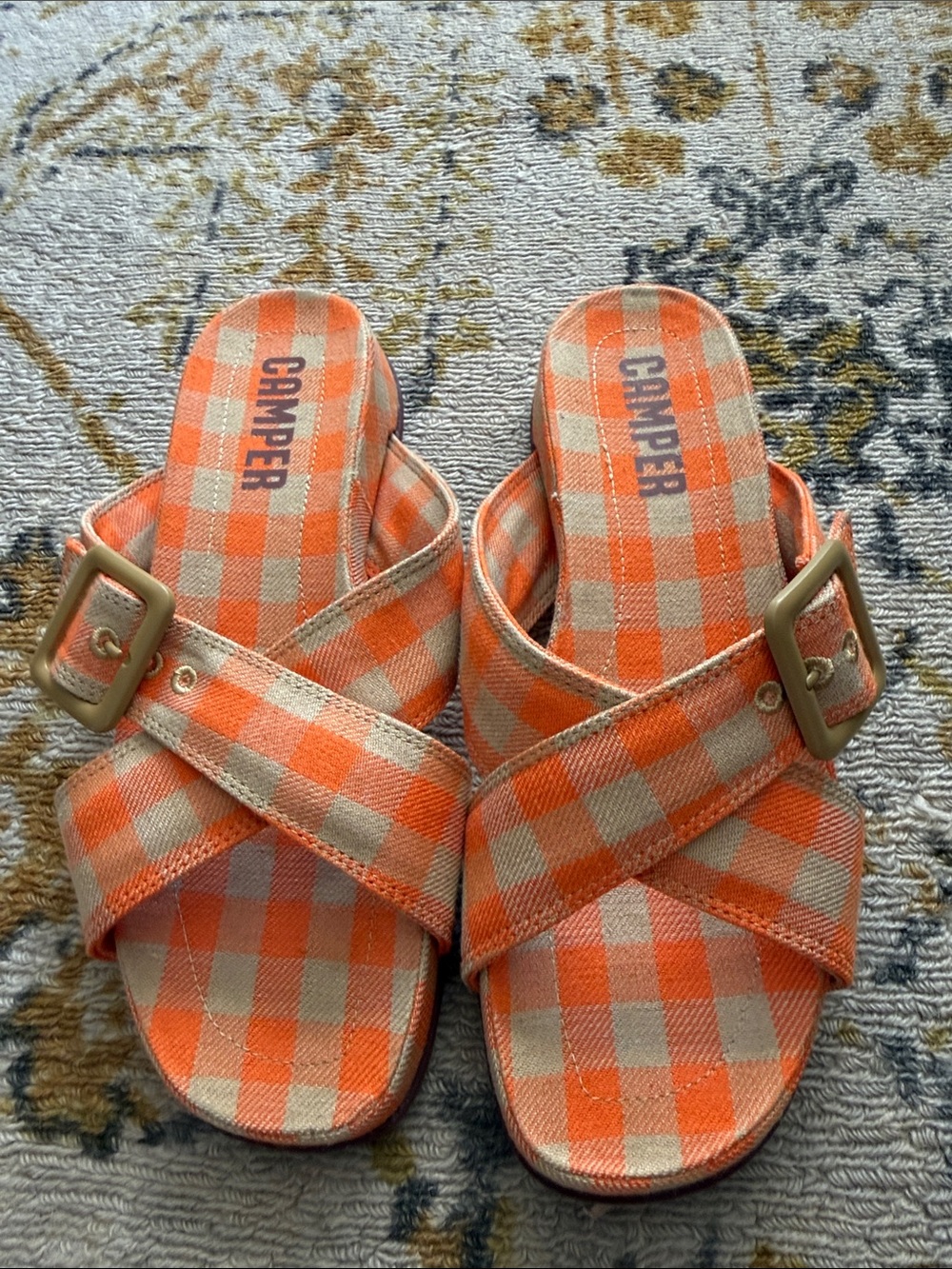 Camper Orange and Cream Gingham Buckle Slide Sandals
